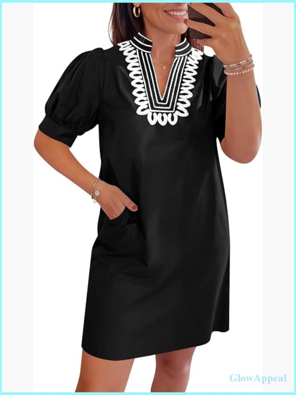 V Neck Puff Sleeve Shift Dress with Pockets Casual Boho